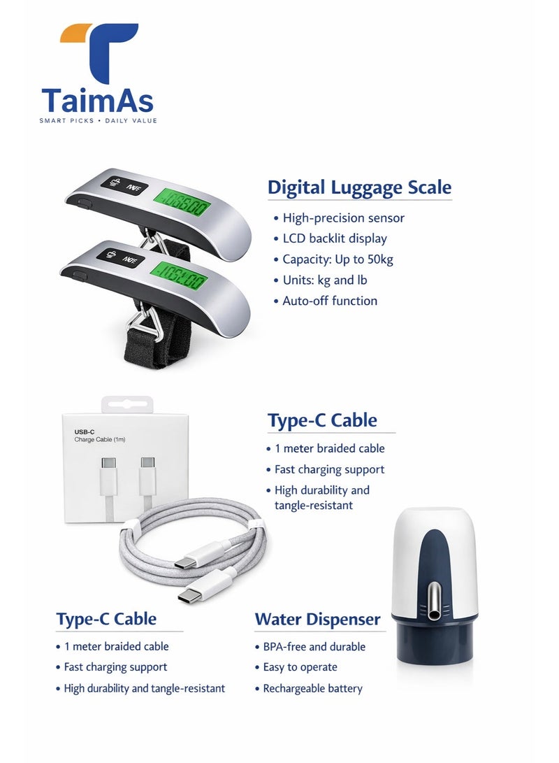 TaimAs Travel Kit Bundle – Digital Luggage Scale + USB Type-C Cable + Portable Electric Water Dispenser | Smart Travel Essentials Set - Image 1